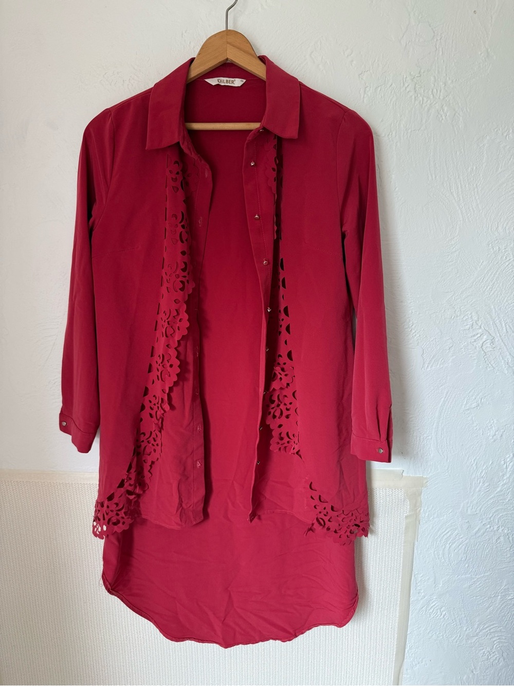 Dilber Pink Laser Cut Tunic Blouse Women’s Size 44 3/4 Sleeve